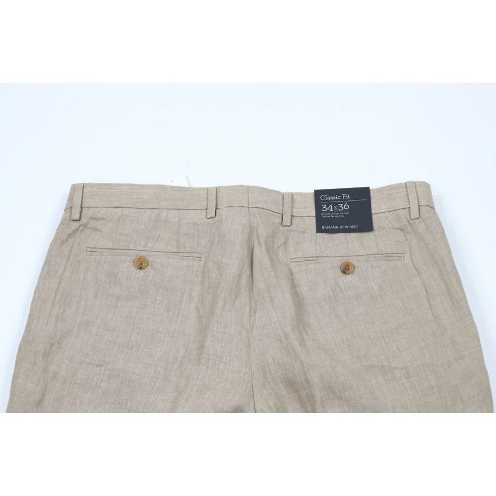 New Banana Republic Mens 34x36 Classic Fit Linen Wide Leg Chino Pants Beige